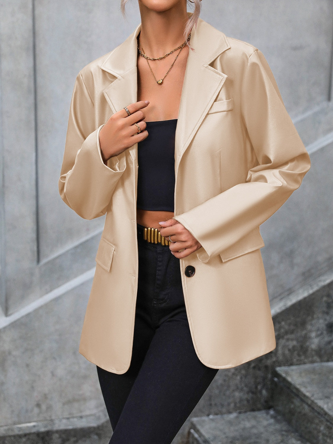 Pocketed Button Up Collared Neck Blazer - SELFTRITSS