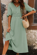 Smocked Quarter Button Short Sleeve Dress - SELFTRITSS