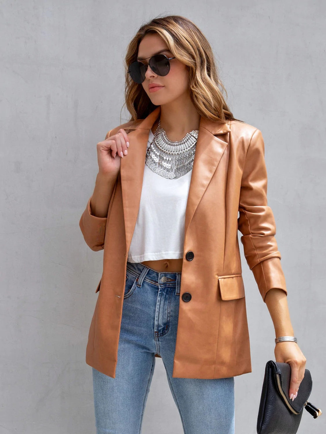 Faux Leather Button Up Long Sleeve Blazer - SELFTRITSS