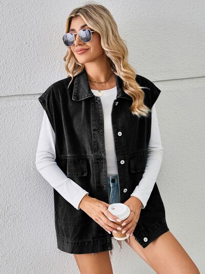 Pocketed Button Up Sleeveless Denim Jacket - SELFTRITSS   