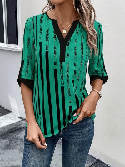 Striped Notched Half Sleeve Blouse - SELFTRITSS   