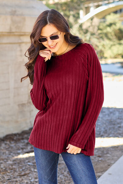 Basic Bae Full Size Ribbed Round Neck Long Sleeve Knit Top - SELFTRITSS