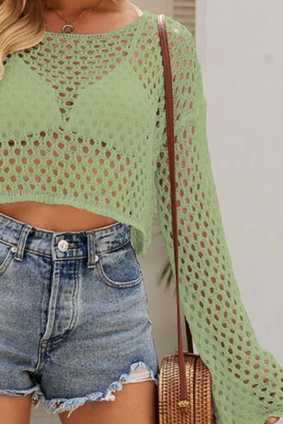Openwork Round Neck Dropped Shoulder Knit Top - SELFTRITSS