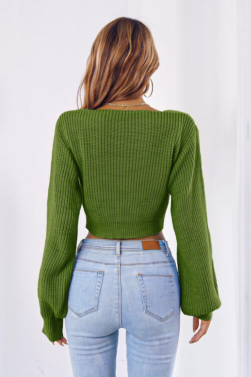 Bow V-Neck Long Sleeve Cropped Sweater - SELFTRITSS   