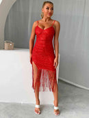 Sequin Fringe Spaghetti Strap Dress - SELFTRITSS