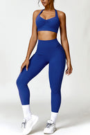 Ruched Halter Neck Bra and Pocketed Leggings Active Set - SELFTRITSS