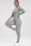 Zip Up Ribbed Long Sleeve Skinny Active Jumpsuit - SELFTRITSS