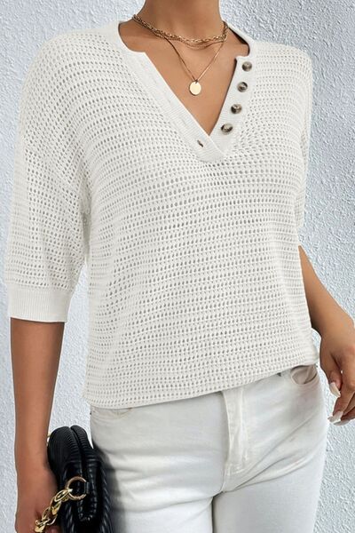 Openwork Half Button Dropped Shoulder Knit Top - SELFTRITSS