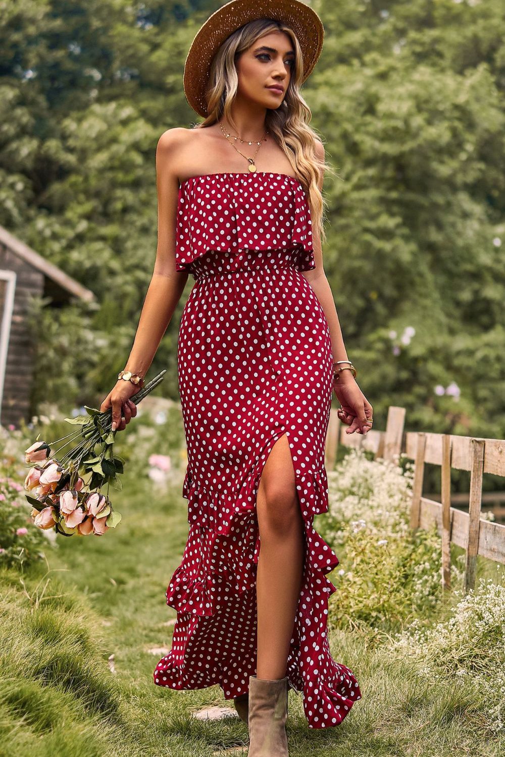 Polka Dot Strapless Slit Ruffled Maxi Dress - SELFTRITSS