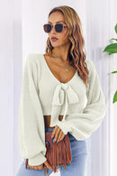 Bow V-Neck Long Sleeve Cropped Sweater - SELFTRITSS