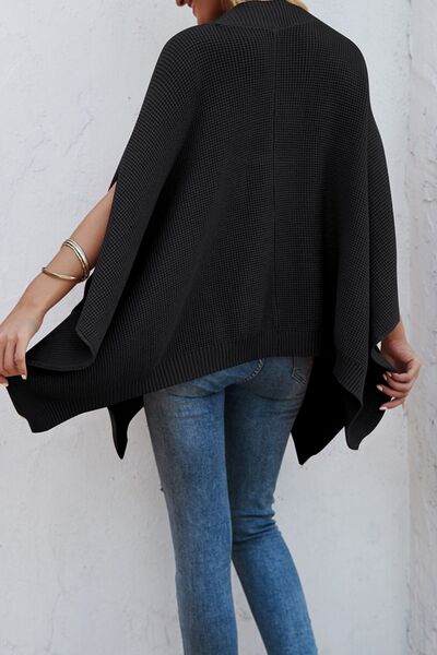 Waffle-Knit Pocketed Cape Sleeve Sweater - SELFTRITSS