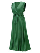 Tied Surplice Cap Sleeve Pleated Dress - SELFTRITSS