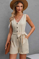 Button Front Belted Sleeveless Romper - SELFTRITSS