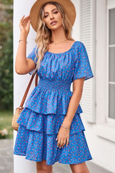 Floral Smocked Short Sleeve Layered Dress - SELFTRITSS