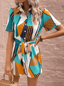 Geometric Puff Sleeve Tie Belt Romper - SELFTRITSS   