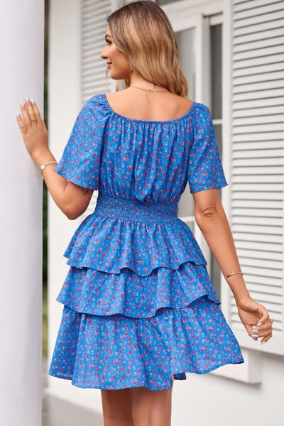 Floral Smocked Short Sleeve Layered Dress - SELFTRITSS