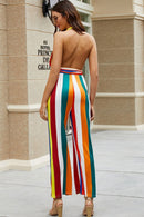 Rainbow Stripe Halter Neck Belted Jumpsuit - SELFTRITSS