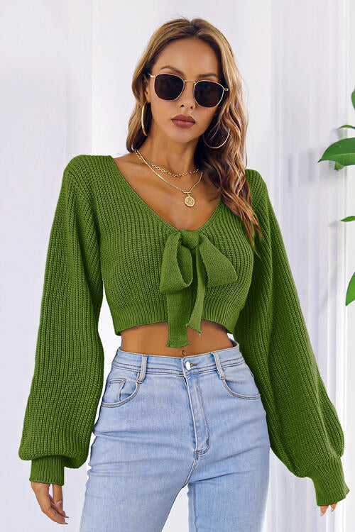 Bow V-Neck Long Sleeve Cropped Sweater - SELFTRITSS