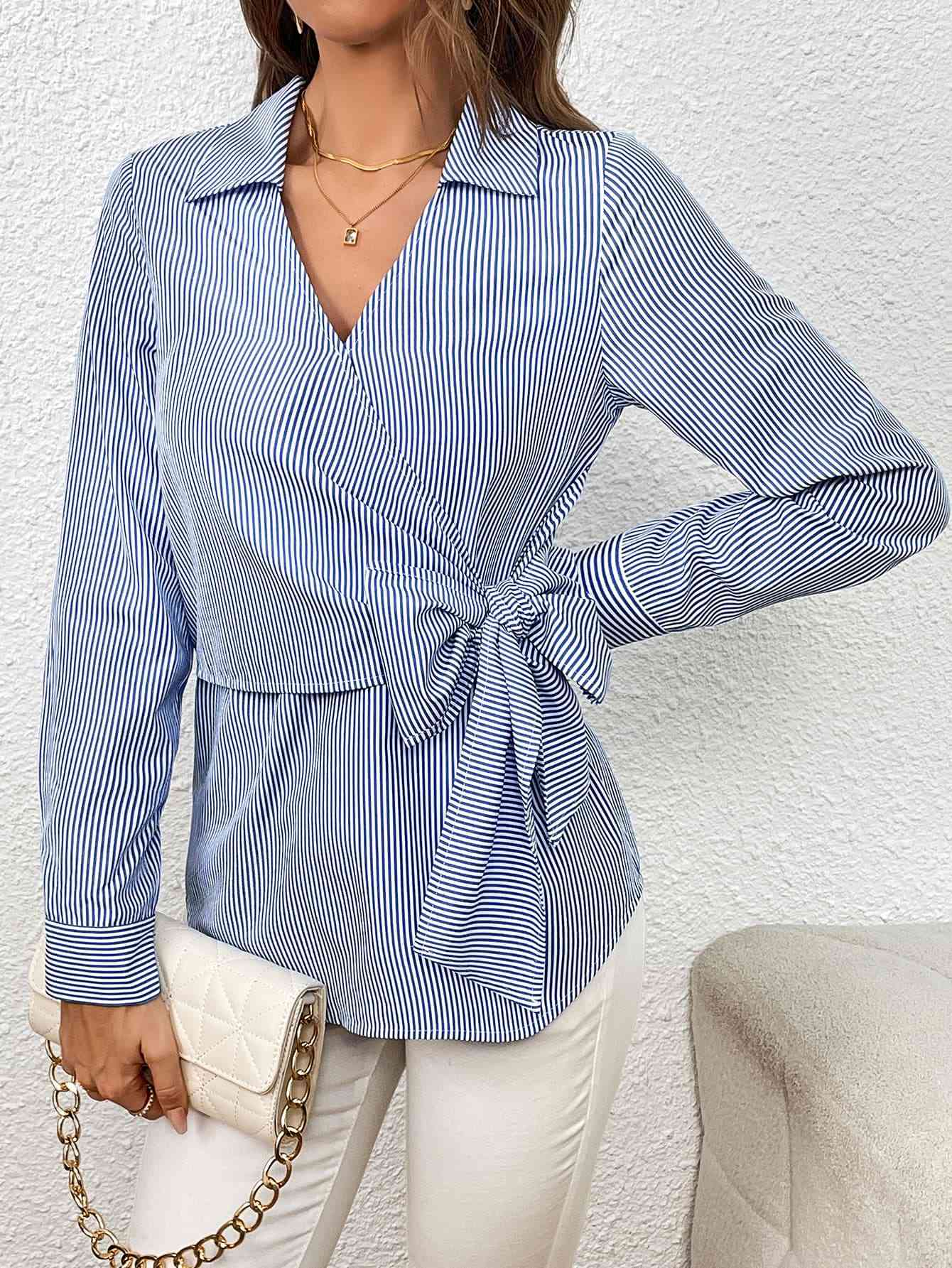 Bow Tie Waist Johnny Collar Neck Striped Blouse - SELFTRITSS