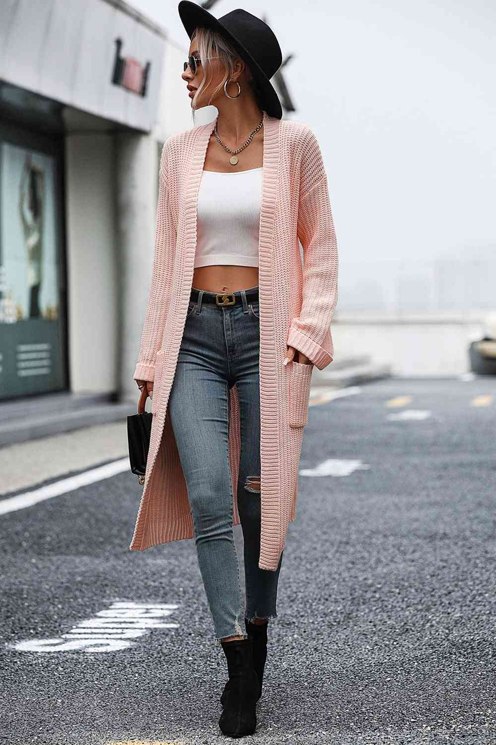 Dropped Shoulder Long Sleeve Cardigan with Pocket - SELFTRITSS
