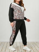 Plus Size Leopard Sweatshirt and Sweatpants Set - SELFTRITSS