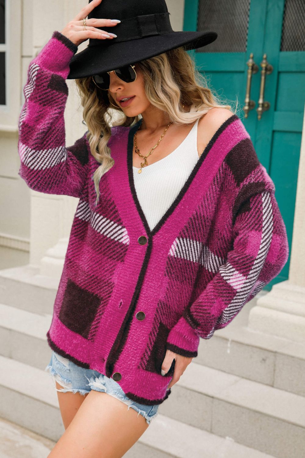 Striped Button-Front Fuzzy Cardigan - SELFTRITSS