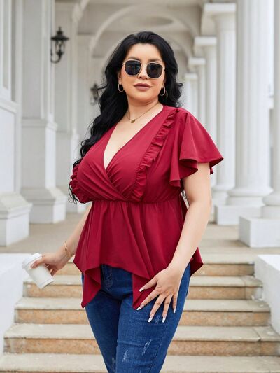 Plus Size Frill Surplice Flutter Sleeve Blouse - SELFTRITSS   