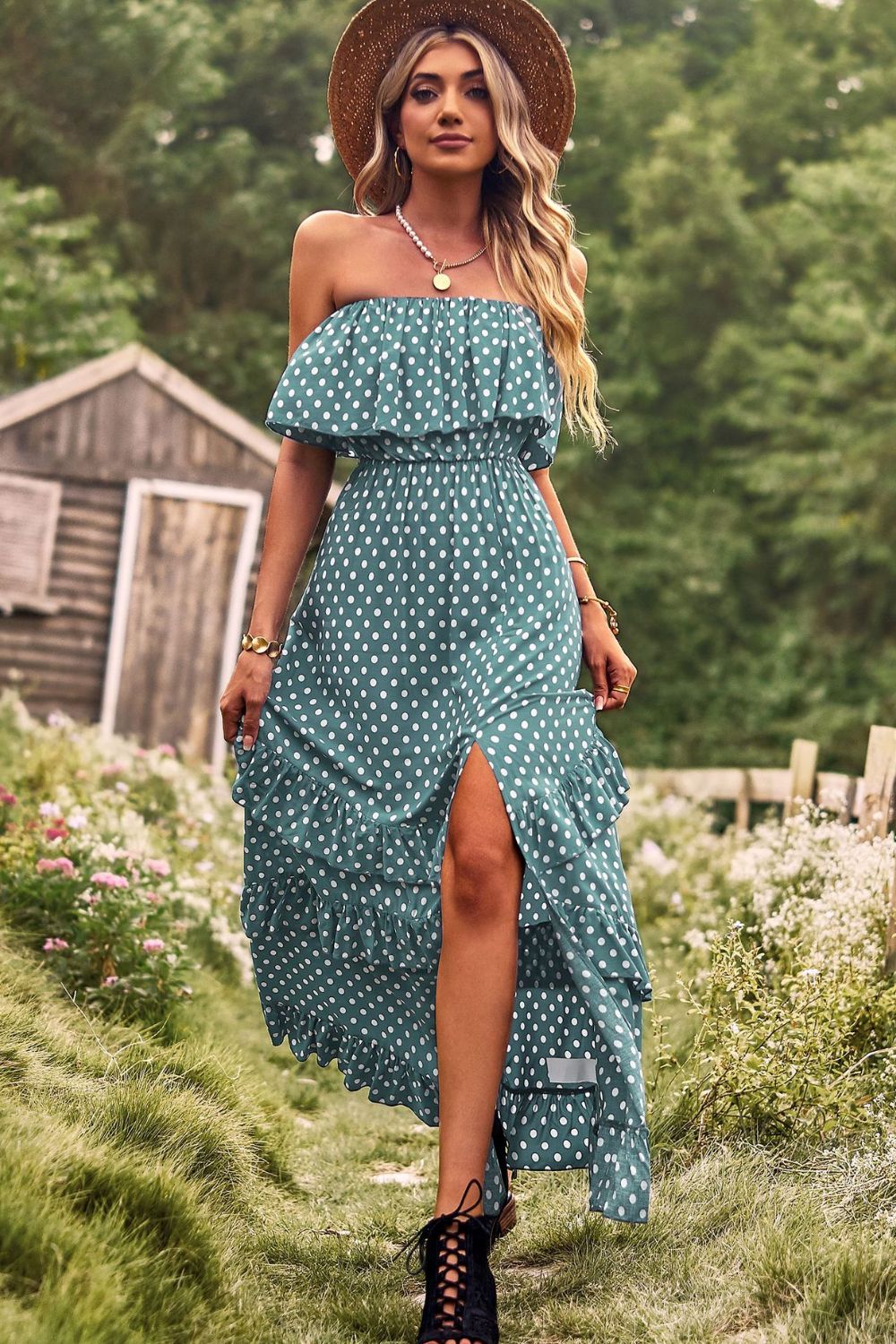 Polka Dot Strapless Slit Ruffled Maxi Dress - SELFTRITSS