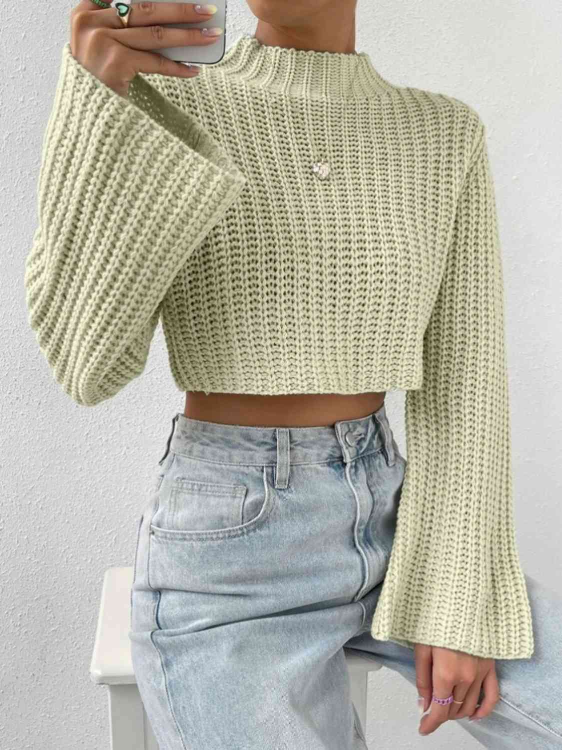 Mock Neck Long Sleeve Cropped Sweater - SELFTRITSS