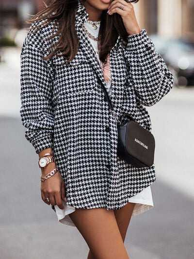 Houndstooth Button Up Dropped Shoulder Jacket - SELFTRITSS