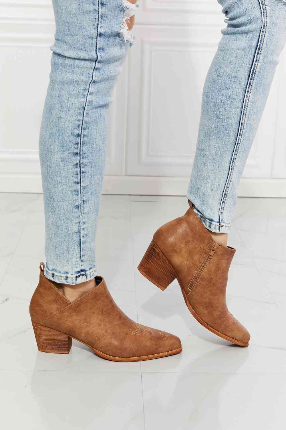 MMShoes Trust Yourself Embroidered Crossover Cowboy Bootie in Caramel - SELFTRITSS